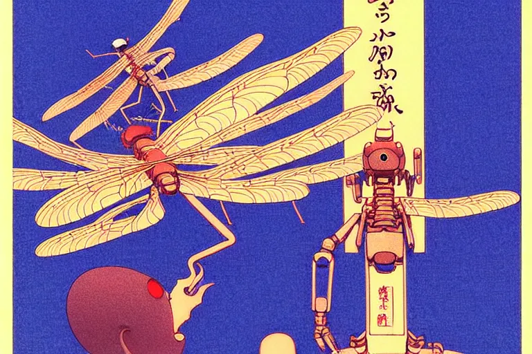 Image similar to gigantic dragonflies with human faces catch tiny robots, a lot of exotic mechas robots around, human heads everywhere, risograph by kawase hasui, edward hopper, satoshi kon and moebius, no text!, colorful flat surreal design, super - detailed, a lot of tiny details, fullshot