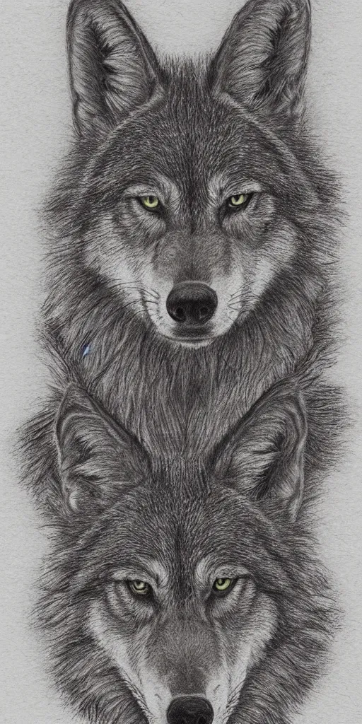 Prompt: highly detailed color pencil drawing of a three-headed wolf, on grainy white graph paper, faded color palette