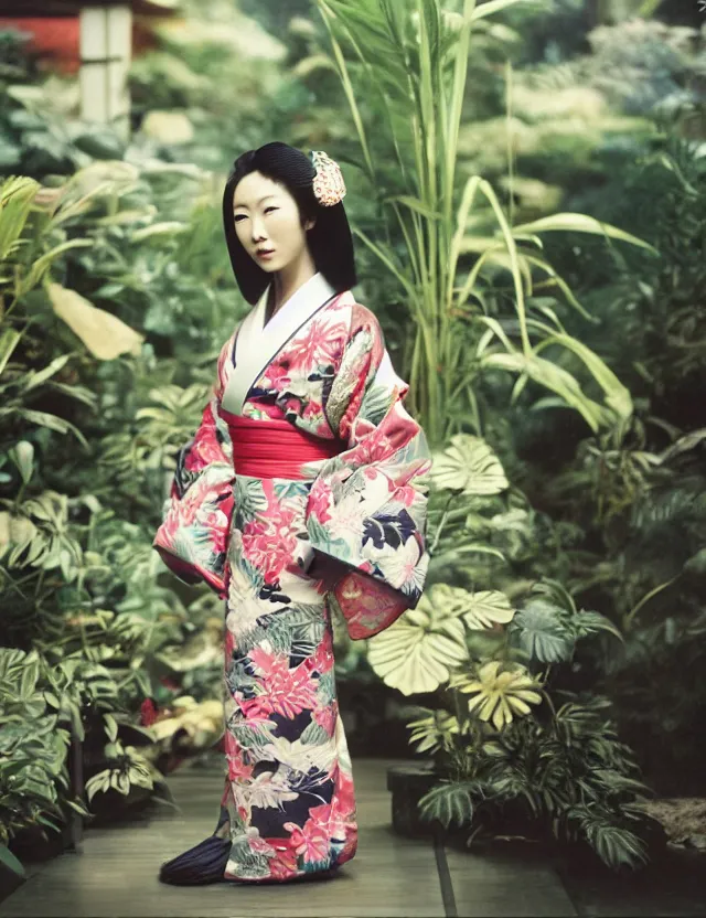 Prompt: fashion photograph of a beautiful Japanese woman wearing a traditional kimono in an tropical greenhouse, by Annie Leibowitz, extremely detailed, large format camera, Fuji Provia film, 85mm lens, bokeh, bokeh, blurred background, photorealistic, trending on instagram, trending on artstation