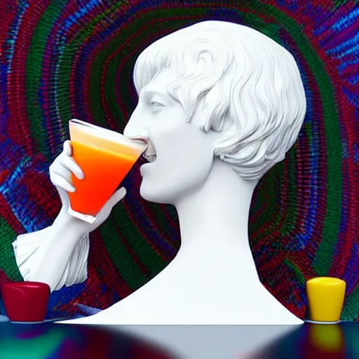 Image similar to close - up of a 3 d white marble human head holding a coctail, colorful coctail, digital illustration, 3 d render, above the waist