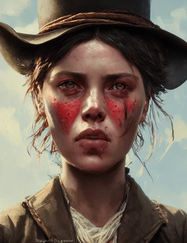 Prompt: close face portrait of a young female robber as red dead redemption 2 concept art, art by ryo shiotani and greg rutkowski, intricate, beautiful, cute, cinematic lighting, vintage art by serge ivanoff, high resolution, very detailed