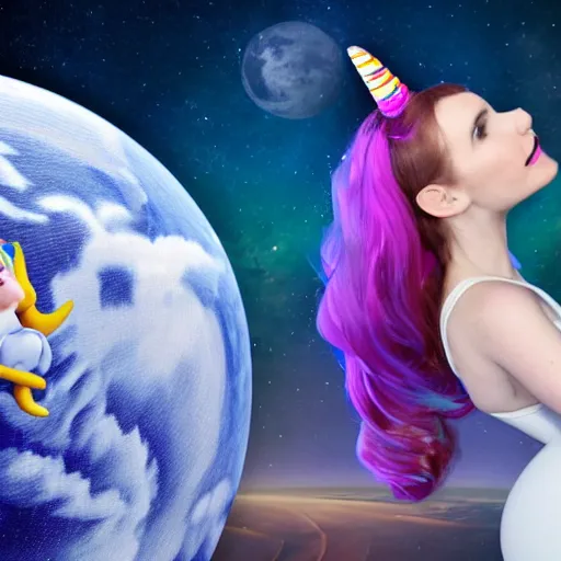 Prompt: amouranth riding a unicorn in space