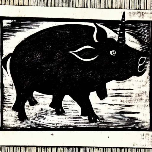 Image similar to black and white flying pig with unicorn horn and white wings woodcut