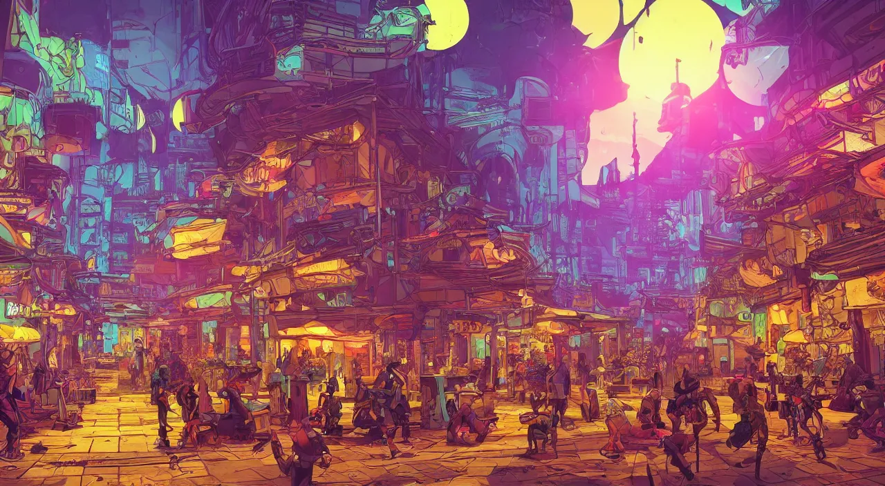 Image similar to bazaar zouk oriantal full color sky shine place mosquet painting stylized digital illustration video game icon global illumination ray tracing that looks like it is from borderlands and by feng zhu and loish and laurie greasley, victo ngai, andreas rocha, john harris