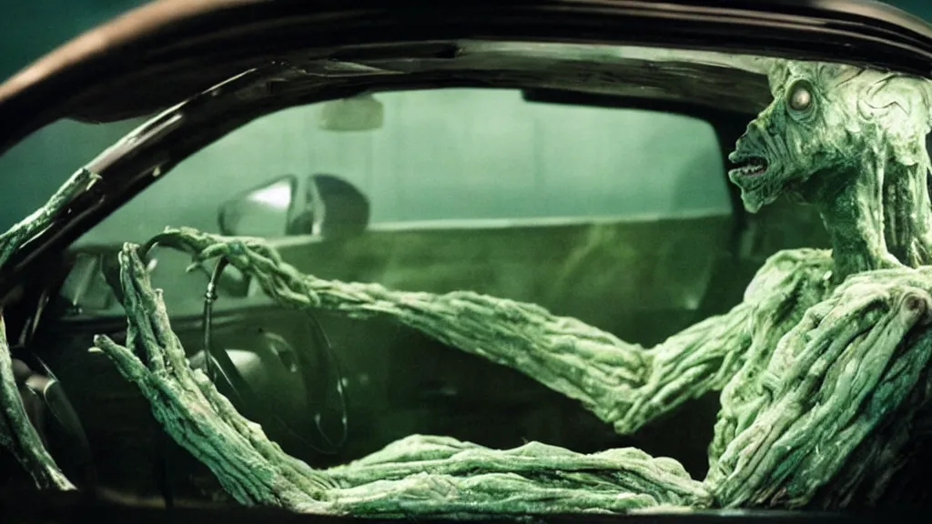 Image similar to the creature sits in a car, made of wax and metal, they vibin', film still from the movie directed by Denis Villeneuve and David Cronenberg with art direction by Salvador Dalí, wide lens