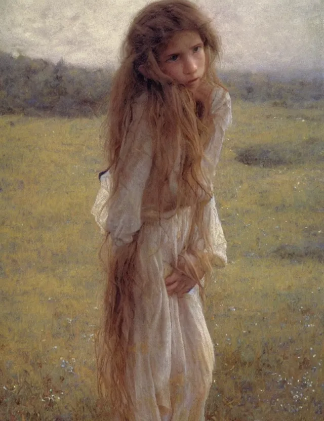 Image similar to peasant barefoot girl with long hair laying edge of rock, cottage core, cinematic focus, polaroid photo bleached vintage pastel colors high - key lighting, soft lights, foggy, by steve hanks, by lisa yuskavage, by serov valentin, by tarkovsky, 8 k render, detailed, oil on canvas