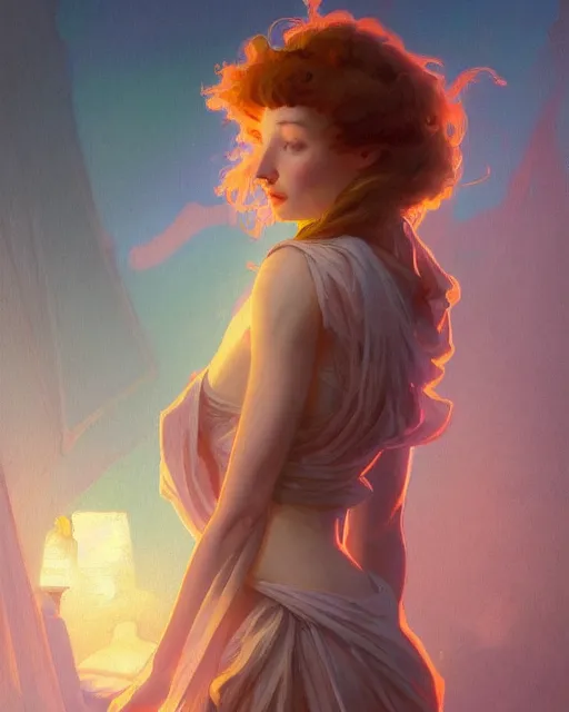 Image similar to eleanor tomlinson, posing, vaporwave, bedroom, highly detailed, digital painting, artstation, concept art, smooth, sharp focus, illustration, art by artgerm and greg rutkowski and alphonse mucha