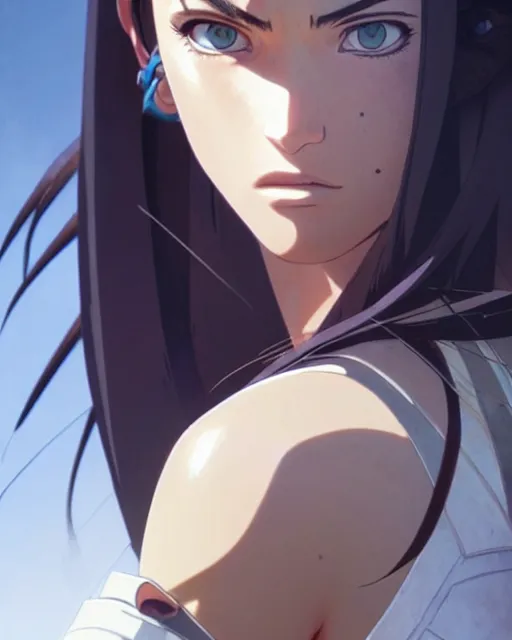 Image similar to azctec warrior, megan fox, detailed perfect face, exquisite details, fire magic, mid view, design on a white background, by studio muti, greg rutkowski makoto shinkai takashi takeuchi studio ghibli