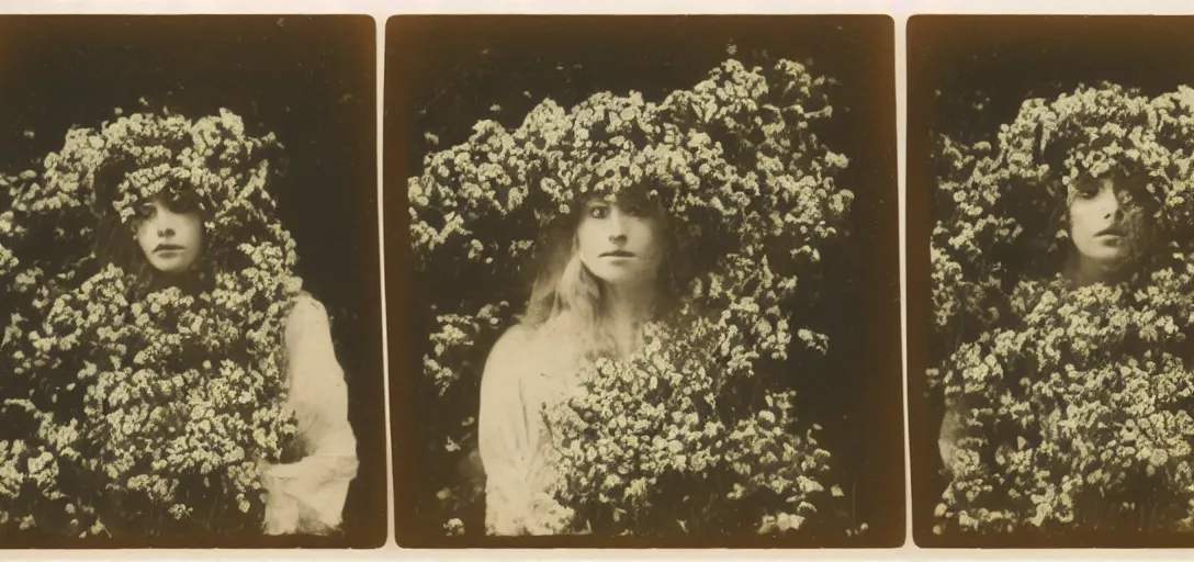 Image similar to portrait of a beautiful woman covered in flowers, Forest, ray gods, 1910 polaroid photography