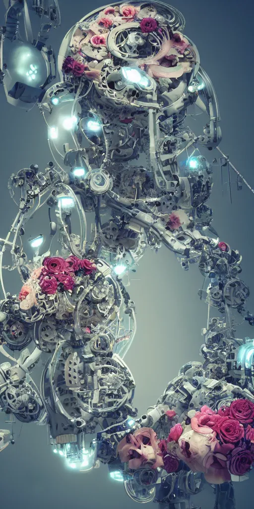 Image similar to a lovely mechanical cornucopia of flowers and human body parts, scifi, futuristic, utopian, machine parts, body parts, wires, circuits, highly detailed, octane render, cinematic