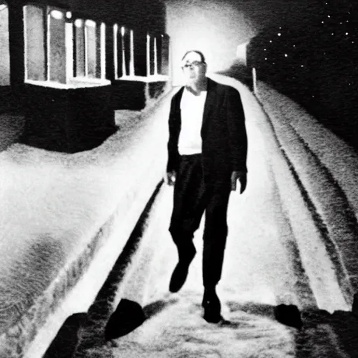 Image similar to Cyborg Morton Feldman struts through the suburbs on a winter night