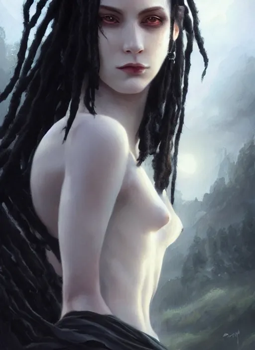 Image similar to girl with pale white skin and black dreadlocks, beautiful highly detailed face, complementary lighting, backlit, black eyeshadow, dark eyes, adventure, dramatic lighting, landscape background, beautiful painting by artgerm and greg rutkowski and raymond swanland