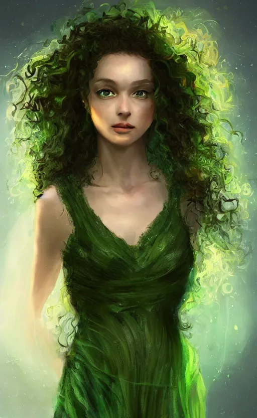 Image similar to a young woman with wild, curly hair and bright green eyes. she's wearing a flowing dress made of light, airy fabric and she has a mischievous look on her face, dynamic lighting, photorealistic fantasy concept art, trending on art station, stunning visuals, creative, cinematic, ultra detailed