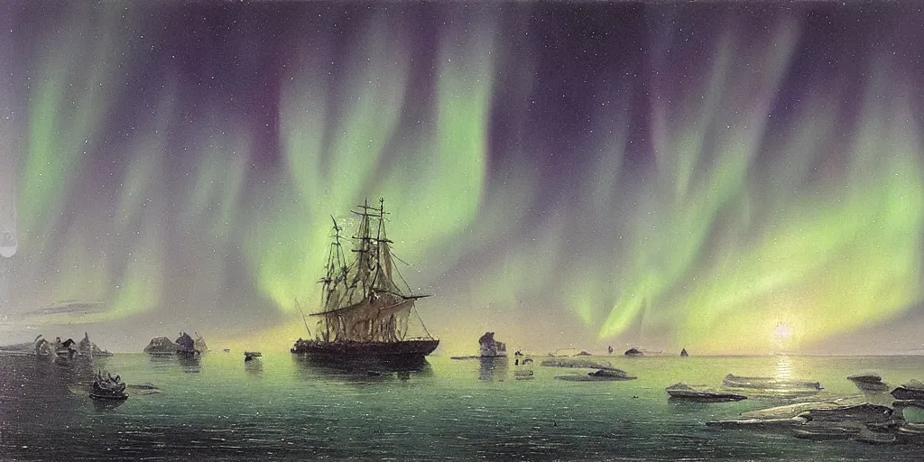 Prompt: “ an 1 8 0 0 s sail ship sailing in arctic waters, ice floating in water, nighttime, aurora borealis, oil painting ”