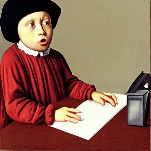 Prompt: a boy desperately typing on a laptop keyboard, frustrated, visibly angry, in the style of Van Eyck