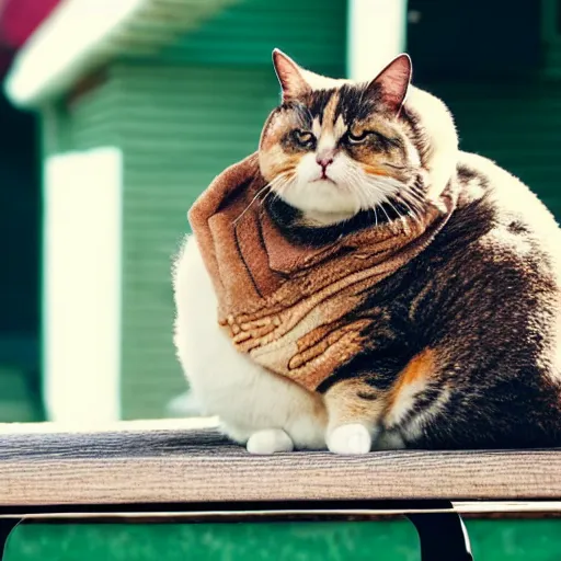 Image similar to photograph of a very fat cat sitting on a parkbench surrounded by burrito wrappers