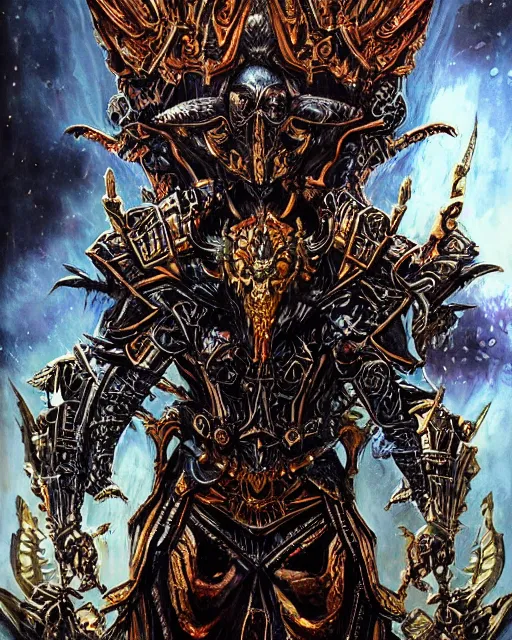 Image similar to a highly detailed portrait of ankou the evil lord staring with anger and wearing ornate armor made of sci fi panels and a gold death mask by philippe druillet, death and corruption, smooth, intricate, sinister, evil energy, souls of the dead, dark aura, matte painting, artstation, evild ark color scheme, dark fantasy sci fi, sharp focus, cgsociety