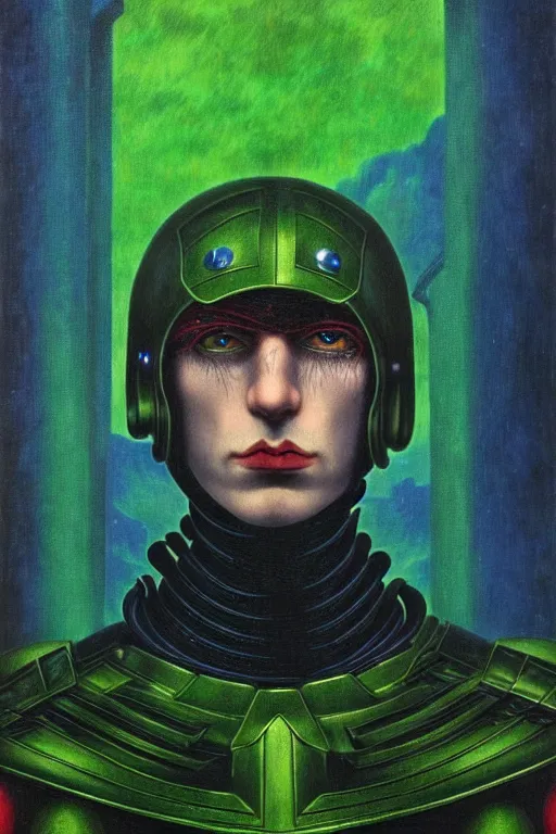 Prompt: portrait of beautiful gothic and futuristic young man, warhammer, cyber armor, a lot of scars, thunderstorm, blue head, red eyes, some green, the middle ages, highly detailed, artstation, illustration, more and more compostion, 8 k quality, art by rene magritte, jean delville