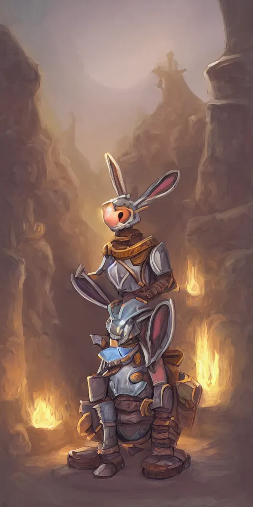 Image similar to Rabbit in Armor sitting in a dungeon, digital painting, hearthstone art