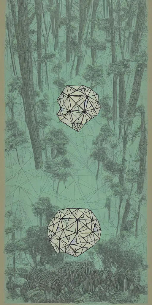 Image similar to a geometric icosahedron temple in the woods, 1940s faded risograph print, illustration, limited color palette, earthtones, double-exposure