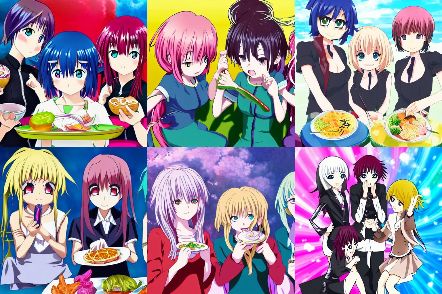 Prompt: Anime key art featuring three sisters with different colored hair eating lunch