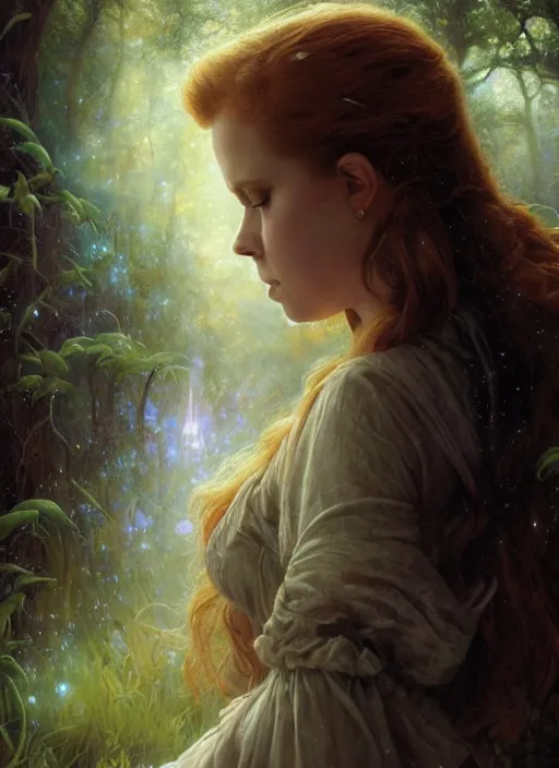 Image similar to Amy Adams staring into the camera, misty wisps, fireflies, Lilia Alvarado, Sophie Anderson, Mark Arian, Bob Byerley, Charlie Bowater, Mark Brooks, Steve Henderson, Justin Gerard, Arthur Hughes, Edward Robert Hughes, Mark Keathley, Victor Nizovtsev, Carlos Shwabe, Ross Tran, WLOP