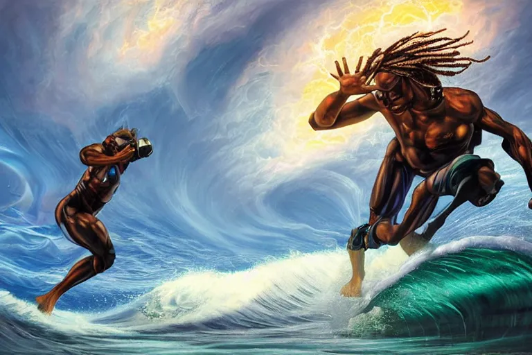 Prompt: a wide angle dynamic action photo of a cybernetic black man with dreadlocks surfing an opal barrel wave, neon lightning storm, by clark little and rhads in a surreal style, concept art by artgerm, rutkowski ( wave porn ), highly detailed, infinite intricacy fractal, sunset