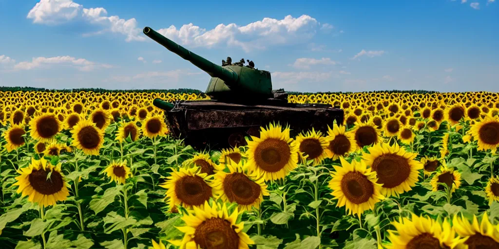 Image similar to russian tank burning in the middle of sunflower field, blue sky