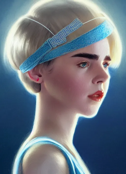 Image similar to portrait of kiernan shipka with freckles, white hair, big 1 9 6 0 s bob hairstyle with bangs and hairband, blue 1 9 6 0 s dress, intricate, elegant, glowing lights, highly detailed, digital painting, artstation, concept art, smooth, sharp focus, illustration, art by wlop, mars ravelo and greg rutkowski