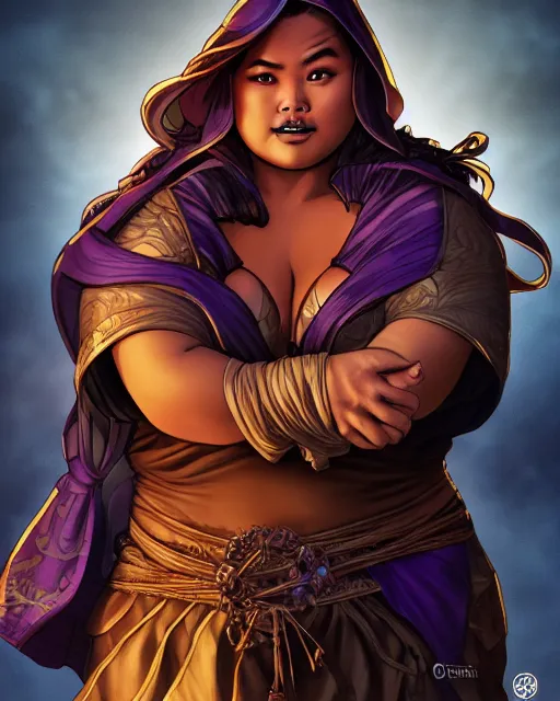 Prompt: thick chubby filipina dnd mage, casting spell, sly grin, intricate robe, exaggerated perspective, beautiful detailed face, action pose, dynamic colors, dynamic shadows, dynamic lighting, geoff johns, jason fabok, jason fabok, brad anderson, splash art