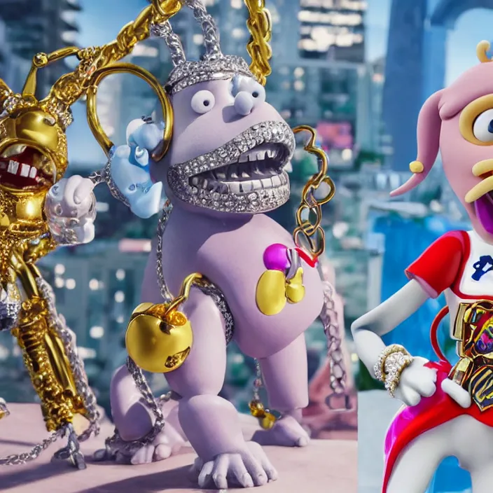 Image similar to jeff koons hip hop bauhaus style street sharks sailor moon wearing diamond grillz and a ton of bussdown iced gold bling in wallace & gromit strata - cut claymation, ultra realistic, concept art, intricate details, serious, highly detailed, photorealistic, octane render, 8 k, unreal engine, art by todd mcfarlane