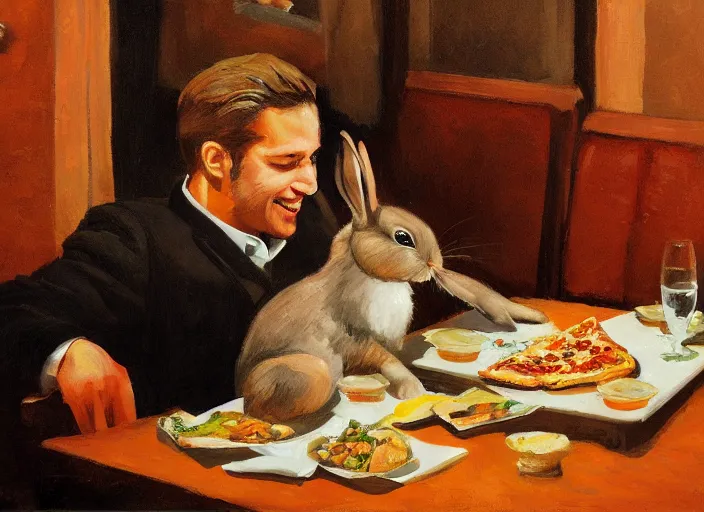 Prompt: a highly detailed beautiful portrait of a bunny at a restaurant, eating pizza, candle lit dinner, by gregory manchess, james gurney, james jean