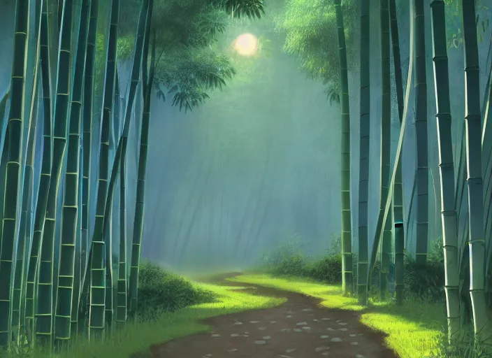 Image similar to deep in a misty japanese bamboo forest, small river, mountain background, sunny, cartoony, 9 0 s anime style, sun rays, soft, moody lighting, by hayao miyazaki, ghibli studio, makoto shinkai, toei animation, studio trigger, trending on artstation, 4 k, hd