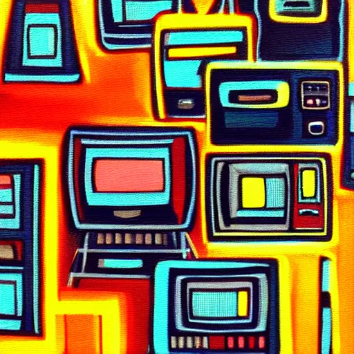 Prompt: furry, array of crt televisions, tv static, antenna, stacked, polaroid, steroids, adult video store, impressionist painting, painting, acrylic painting, cell shaded