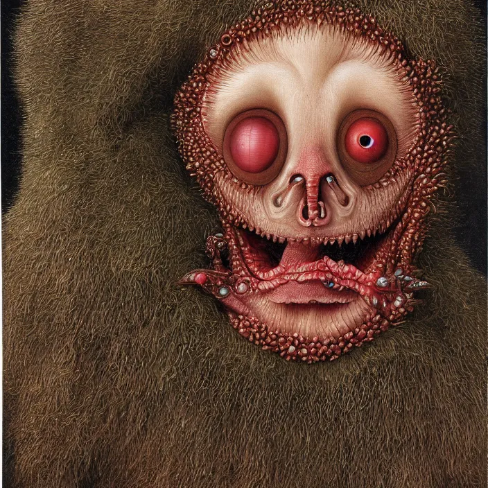 Image similar to close up portrait of a mutant monster creature with crystal eyes, small open pinky lips, fractal long eyelashes, cloth, needles. jan van eyck, walton ford