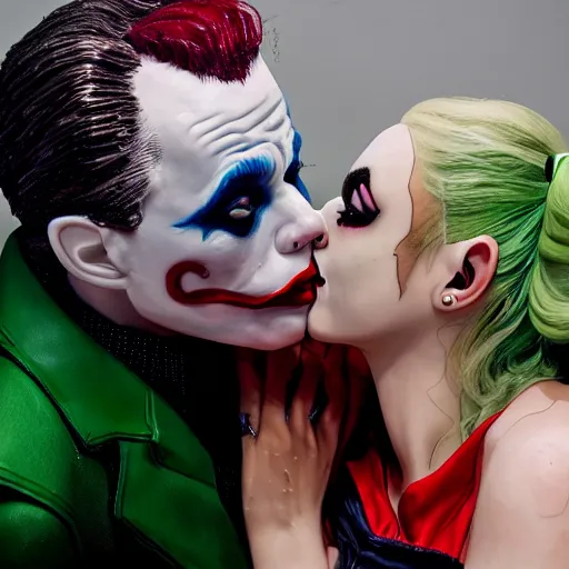 Prompt: Harley Quinn kissing the joker, realistic, highly detailed