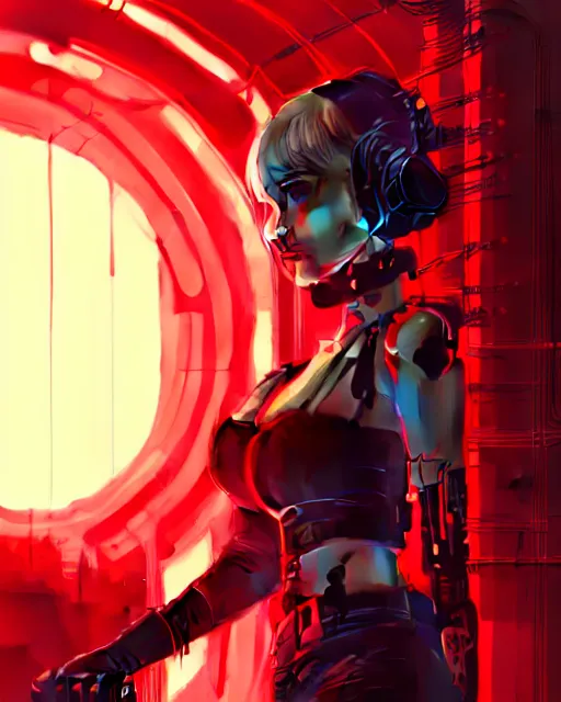 Image similar to a comic potrait of a cyberpunk cyborg girl with black and red parts, fine - face, realistic shaded perfect face, fine details. night setting. very anime style. realistic shaded lighting poster by ilya kuvshinov katsuhiro, unreal engine, global illumination, radiant light, detailed and intricate environment