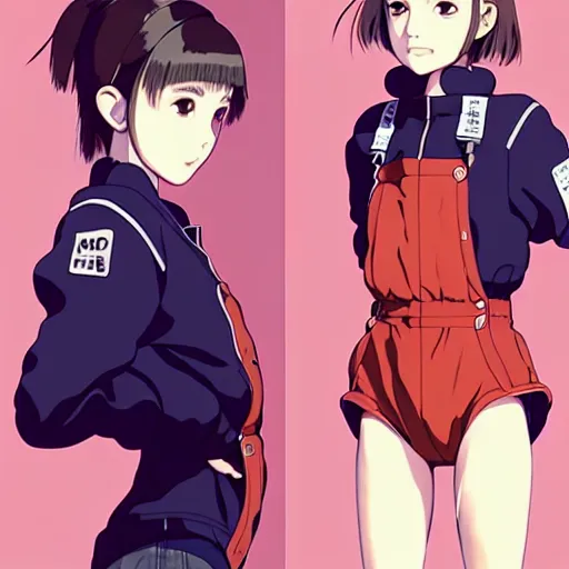 Image similar to a beautiful! boyish! natalie portman alluring gravure! model, wearing oversized mayan bomber jacket and leotard with overalls, bulky poofy bomber jacket with mayan patterns, gapmoe yandere grimdark, trending on pixiv fanbox, painted by greg rutkowski makoto shinkai takashi takeuchi studio ghibli, akihiko yoshida