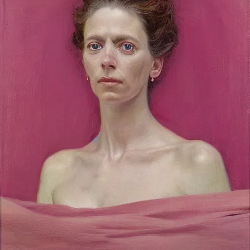 Image similar to frontal portrait of a delicate woman, looking with suspicion, in a pink room, by donato giancola.