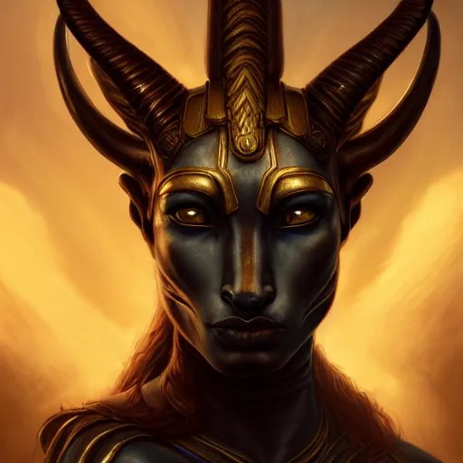 Image similar to Majestic gracious powerful Anubis female warrior portrait, atmospheric lighting, painted, intricate, volumetric lighting, beautiful, rich deep colors masterpiece, golden hour, sharp focus, ultra detailed, by Leesha Hannigan, Ross Tran, Thierry Doizon, Kai Carpenter, Ignacio Fernández Ríos