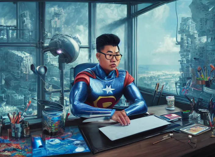 Image similar to an insanely detailed painting of an asian man wearing a homemade superhero costume, sitting at a desk, staring seriously at the computer and typing, in the style of james jean, dramatic lighting and composition, surreal background, octane render, pixar, trending on artstation, concept art, comic book, view from behind, 8 k