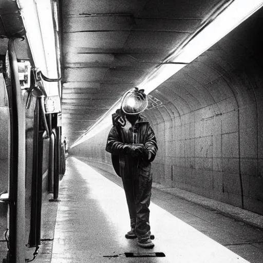 Image similar to Welder in welding mask in a subway, by Richard Avedon, tri-x pan stock