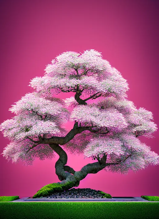 Image similar to hyper detailed 3d render like an Oil painting isometric perspective, octane render of a bonsai cherry blossom tree in a zen garden in the shape of a perfectly symetrical mandala finely detailed, hd, 8k minimalism, edge to edge, solid color background octane render, 8k