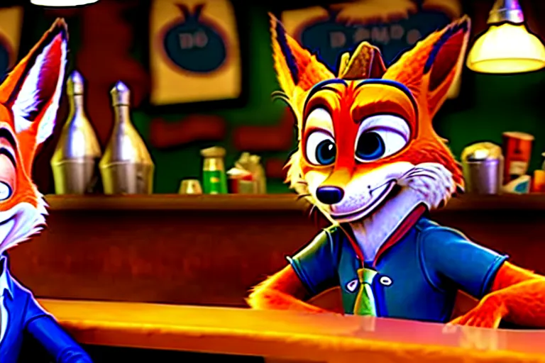 Image similar to Nick Wilde (from Zootopia) dressed in his usual outfit, sitting right across the bar from you.