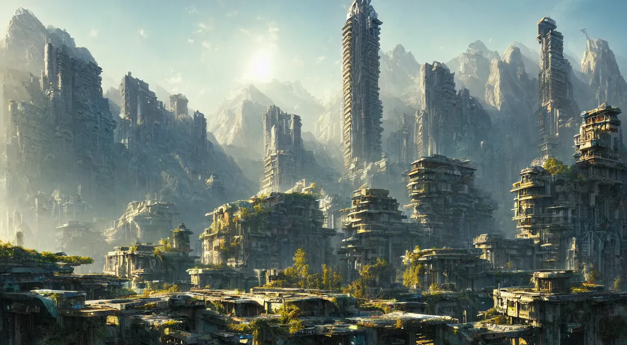 Image similar to futuristic cyberpunk city under kashmir mountains, hill valley grec greeble temple of olympus glory island little wood bridge painting of tower ivy plant in marble late afternoon light, wispy clouds in a blue sky, by frank lloyd wright and greg rutkowski and ruan jia