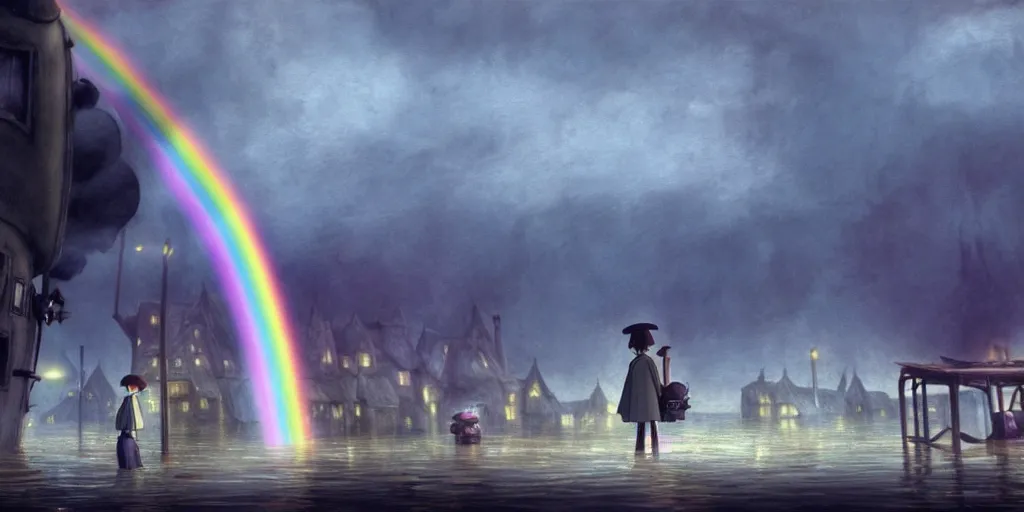 Prompt: a realistic and atmospheric cell - shaded concept art from howl's moving castle ( 2 0 0 4 ) of a rainbow colored ufo landing on the ground. a grey monk is standing in a flooded parking lot. it is a misty starry night. very dull muted colors, hd, 4 k, hq