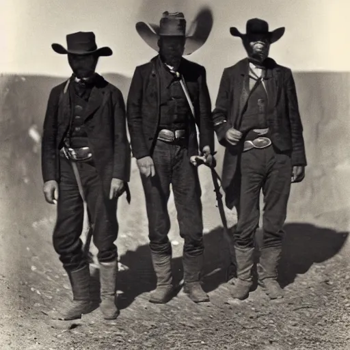 Image similar to a platinotype photo of three man from the old west going on an expedition to find a haunted burial ground and exhume it from a terrorizing creature