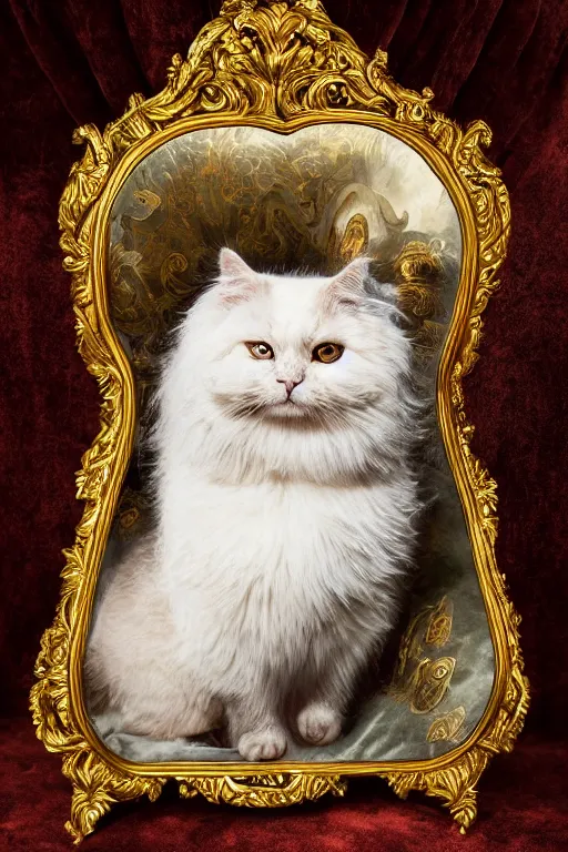 Image similar to a magnificent tintype portrait of a fluffy fat cat on an embroidered velvet cushion on a neo - rococo gilded little bed with precious stones, ball of yarns all around, by david lachapelle, photorealistic, photography, wide shot