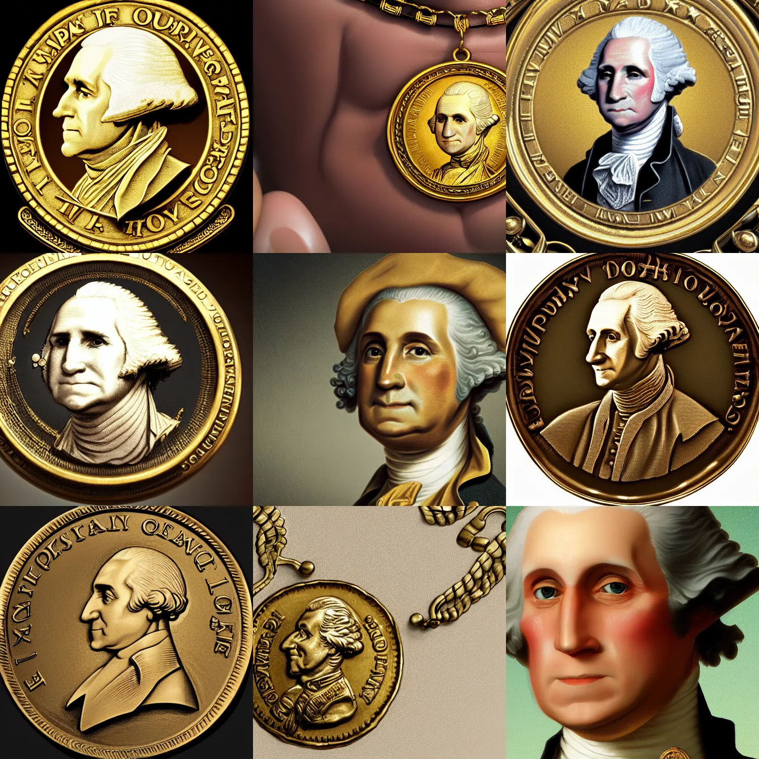 Prompt: a closeup photorealistic illustration of a happy George Washington holding wearing a necklace featuring a gold Doubloon coin. This 4K HD image is Trending on Artstation, featured on Behance, well-rendered, extra crisp, features intricate detail and the style of Unreal Engine.