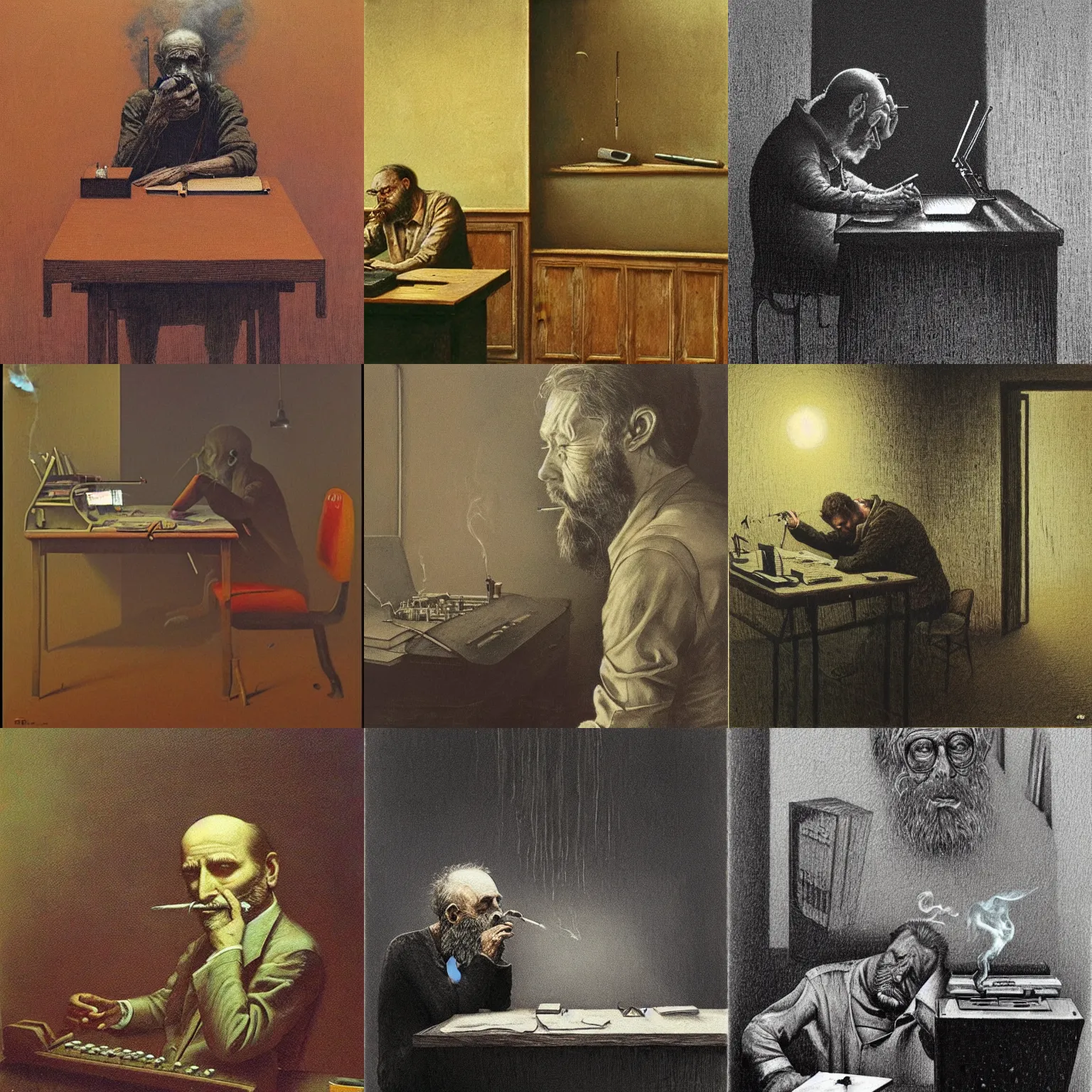 Prompt: beksinski painting of a writer with short beard sitting at his desk typing on typewriter, he is smoking a cigarette, cigarette smoke fills the room